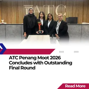 ATC Penang Moot 2026 winners posing with a trophy in the Moot Court, featured in an ATC News & Events post announcing the conclusion of the final round.