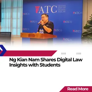 Mr Ng Kian Nam speaking at a podium during a digital law awareness talk at ATC Penang for Foundation in Law students