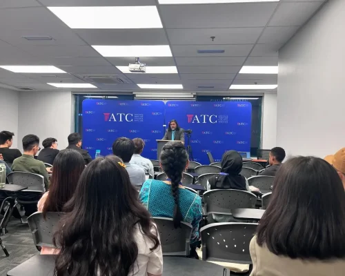 Mr. Anand Raj, Vice President of the Malaysian Bar, speaking to ATC students about transitioning from law school to legal practice.