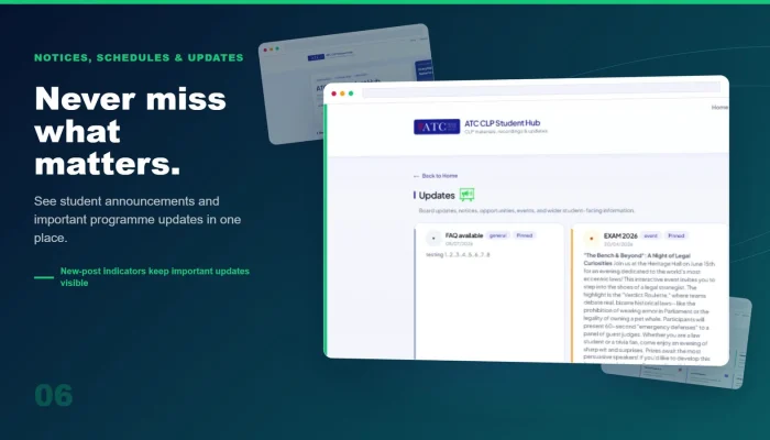 Student updates page showing pinned notices and event announcements